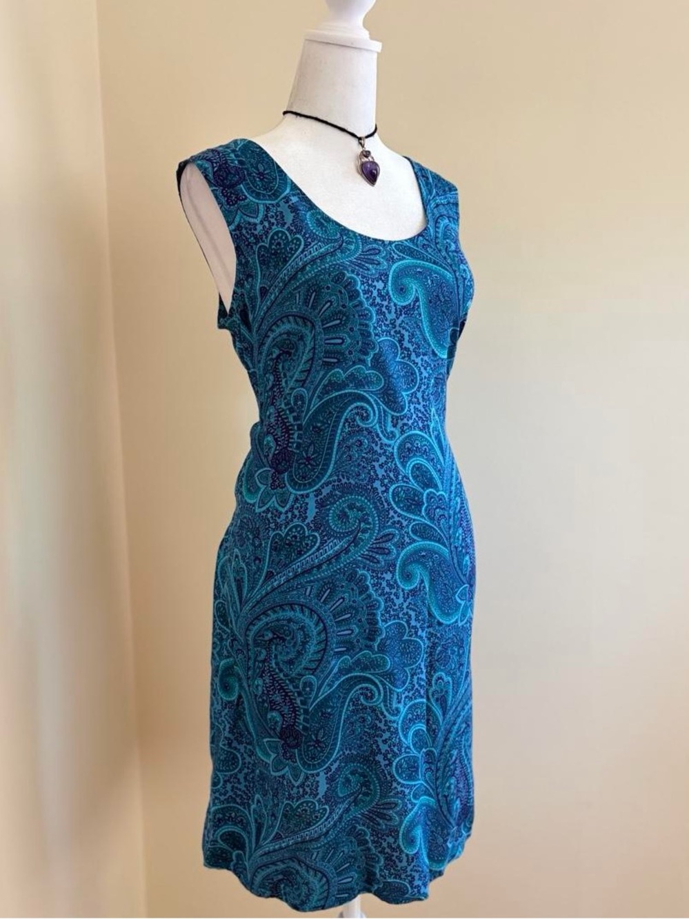 Vintage 90s paisley boho fairy floral blue midi dress tie back beach whimsygoth